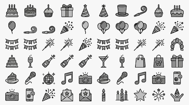Elegant Monochromatic Line Drawing Icons Set Featuring Celebration Party Gifts Food and Decorations in Shades of Gray