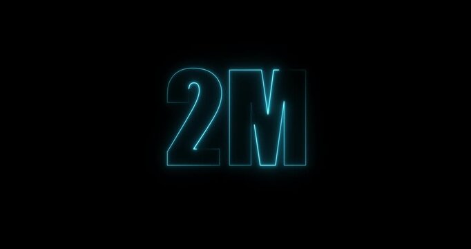 Glowing neon 2M text animation. Social media views followers and subscribers celebration video on black background. 2M neon text effect motion congratulations 
