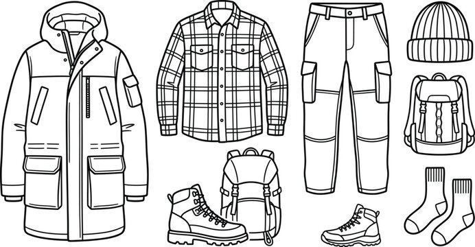 Winter outdoor clothing icons set with winter parka jacket plaid flannel shirt cargo pants boots backpack and beanie