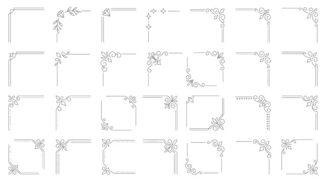 Minimalist floral corner borders, set of 28 elegant line art decorative frames, delicate black and white botanical ornaments for wedding invitations