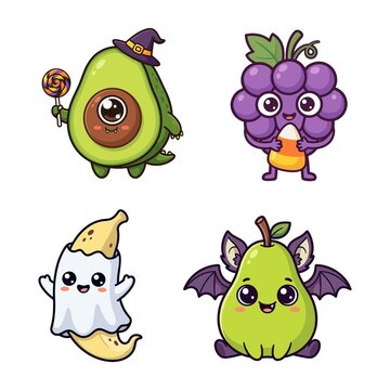 Cute kawaii Halloween fruits and healthy food stickers pack. Generative AI spooky ghost banana, bat pear, cyclops avocado, grape character vector illustration set for kids.