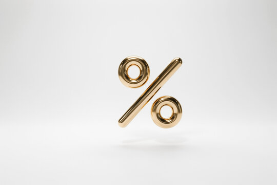 Golden percentage symbol on white background, metallic 3d percent sign for finance and sales, luxury gold discount icon