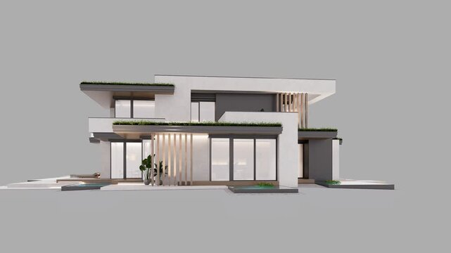 4K video rendering of two-story house with parking and pool for sale or rent with concrete facade. In the evening. Isolated on gray