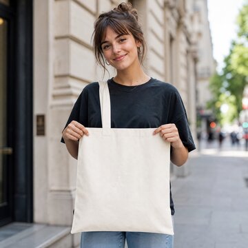 Woman holding a blank canvas tote bag stands on a city sidewalk for a retail product mockup.