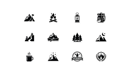 Minimalist black icons set with monochromatic icons representing essential camping wilderness themes against neutral background showcases collection twelve sleek © Mausumi