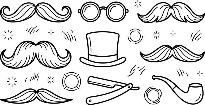 Mustache icons set with vintage gentleman elements top hat round glasses straight razor smoking pipe and hipster style