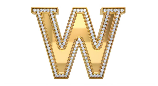 Elegant gold letter W adorned with sparkling clear gemstones isolated design transparent background