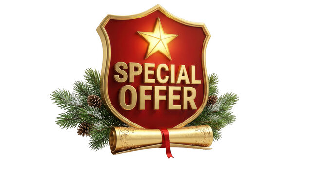 Christmas special offer shield badge with pine branches and scroll isolated on transparent background