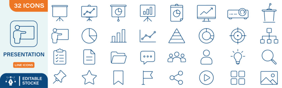 Business Presentation and Analytics Minimal Line Icon Set for Slideshow, Meeting, Chart, and Pitch Concepts