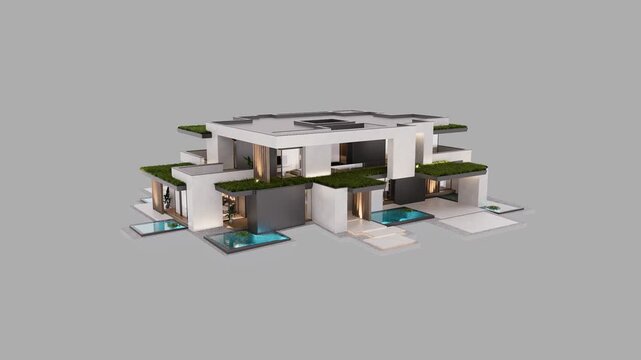 4K video rendering of two-story house with parking and pool for sale or rent with concrete facade. In the evening. Isolated on gray