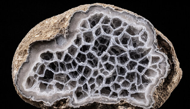 A close up view of a geode rock featuring a unique honeycomb pattern of crystalline structures inside a hollow cavity against a black background