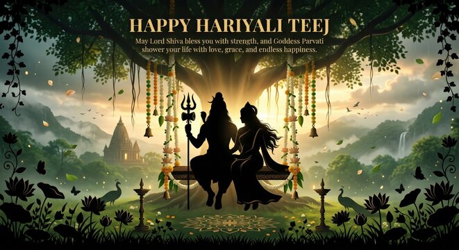 Silhouette of lord shiva and goddess parvati sitting on a swing under a large banyan tree, hariyali teej festival greeting with temple, peacocks, and lotus flowers in a lush mountain landscape