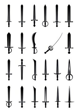 Collection of Medieval and Fantasy Sword Silhouettes - Set of Historical Cold Weapon Icons for Design