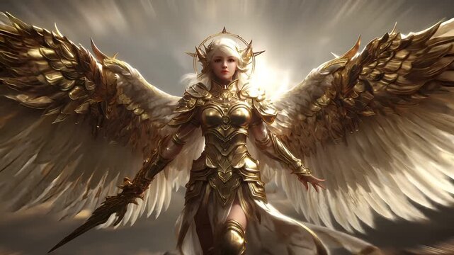 Fantasy, mysterious, wallpaper. A fantasythemed digital artwork depicts an angelic figure in a dynamic pose. The figure wears ornate, golden armor with intricate detailing and a crownlike headpiece.