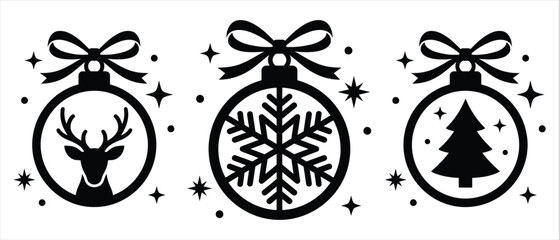 Set of three decorative christmas baubles with deer snowflake and fir tree icons christmas ornament reindeer snowflake decoration seasonal illustration celebration december silhouette © Romzain
