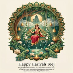 Obraz premium Goddess parvati sitting on a floral swing, surrounded by peacocks, lotus flowers, hanging bells, and oil lamps in a circular ornate frame for hariyali teej festival celebration