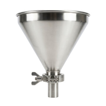 Stainless steel industrial funnel with clamp isolated on transparent background