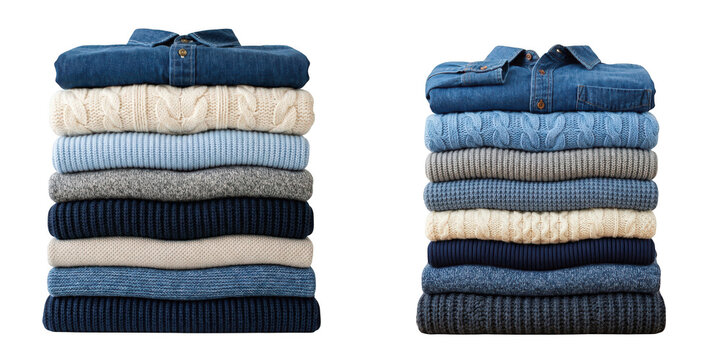 Two stacks of folded sweaters and denim shirts isolated on transparent background