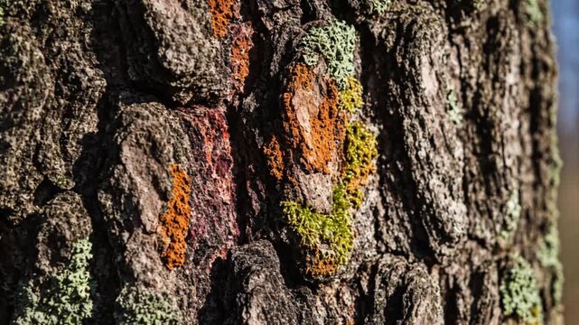 Close-up of textured tree bark with patches of orange, green, and brown lichen, natural macro surface in sunlight