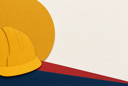 Yellow hard hat on geometric paper background, industrial safety helmet with copy space, construction site protection gear for labor day