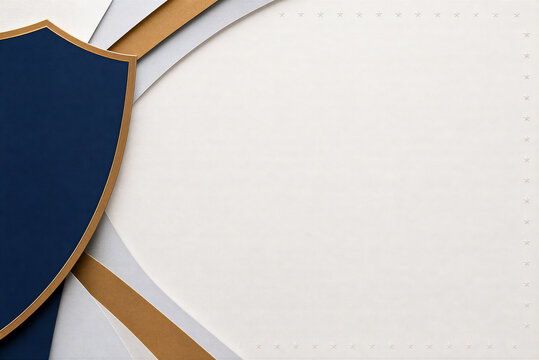 Elegant award certificate background with navy blue shield, gold trim paper layers, professional diploma template with copy space for text