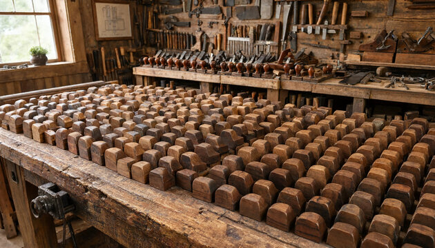 A large workbench in a traditional woodworking shop covered with hundreds of small wooden hand planes arranged in a precise grid formation