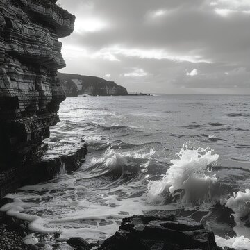 Dramatic black and white ocean waves crashing against rocky shoreline.