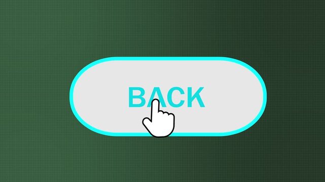 Hand cursor clicking cyan back button on dark green digital grid background for website interface navigation