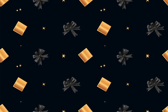 Elegant seamless pattern with gold gift boxes and black silk bows, luxury holiday gift wrap background, festive golden present boxes on dark backdrop