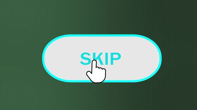user clicks digital skip button on green grid background, modern ui ux design for website navigation and online advertising. animated mouse cursor interacts with glowing skip button.