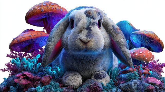 Whimsical Rabbit Among Bioluminescent Flora: A fluffy, lop-eared rabbit sits amidst a surreal landscape of glowing mushrooms and alien coral, creating a magical and dreamlike atmosphere.