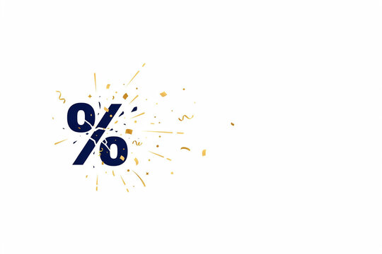 Percentage symbol with gold confetti explosion on white background, dark blue percent sign for retail sale promotion, festive discount offer graphic