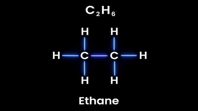 Ethane molecular structure, Ethane burns in the presence of oxygen to produce carbon dioxide and water, releasing a large amount of heat. Chemical structural formula of Ethane. (C2H6)
