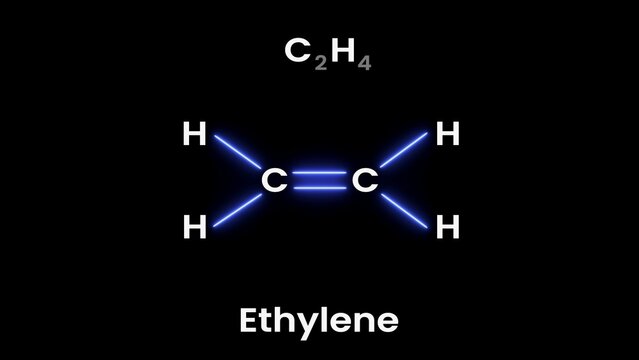 Ethylene (C2H4) molecular structure, Ethylene&rsquo;s double bond reacts with bromine to form dibromoethane. Chemical structural formula of Ethylene. (C2H4)