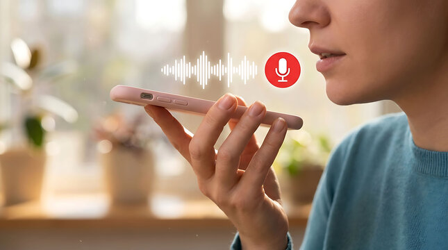 Woman using voice recognition command on smartphone to record message or audio