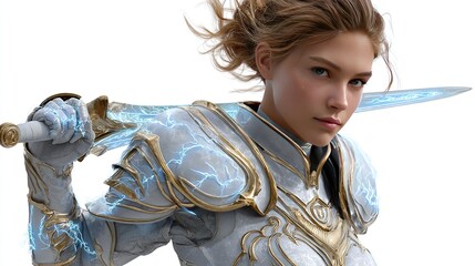 Obraz premium Warrior Woman with Glowing Sword: A determined young woman clad in shining armor, wielding a magical, crackling sword, embodies strength and readiness for battle.
