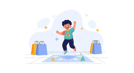 Obraz premium Joyful child jumping with shopping bags and board game elements, celebrating childhood and leisure