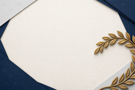 Elegant certificate background with golden laurel wreath, navy blue and white paper layers, professional award template for diploma or invitation