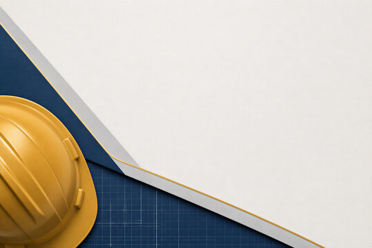 Yellow hard hat on blue blueprint background, construction safety helmet with white copy space, industrial engineering project workspace for architect