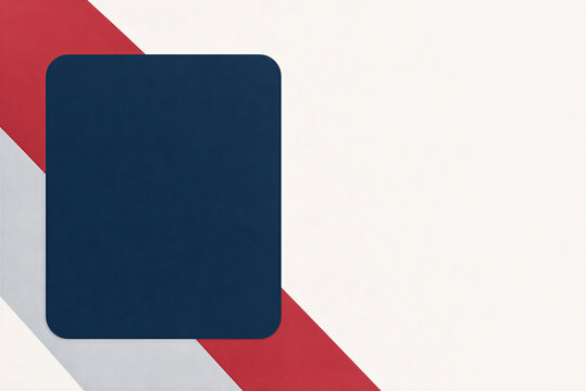 Minimalist geometric background with navy blue rectangle, diagonal red and grey stripes on white paper texture, corporate layout