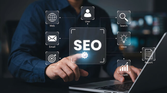 Man holding mobile phone presenting SEO search engine optimization strategy