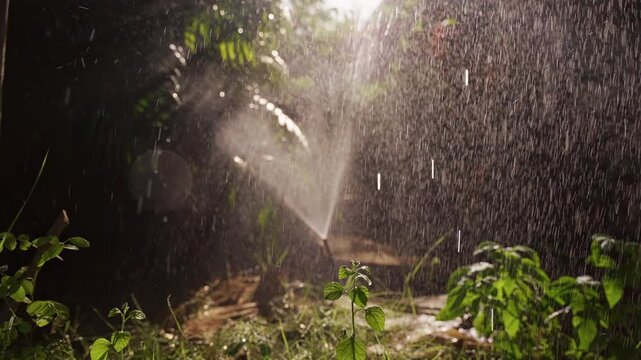 Automatic Sprinkler Sprays Shimmering Water across Tropical Garden Plants in Slow Motion, Garden Care and Irrigation