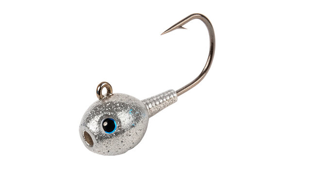 Metallic lead jig head sharp fishing hook tackle accessory isolated on transparent background