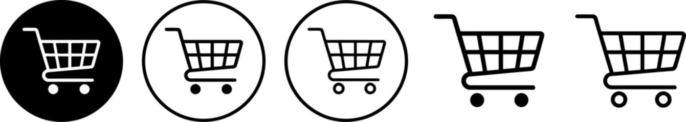 Shopping cart icon set features black silhouette and line art trolley designs, perfect for e-commerce websites, online retail stores, and digital checkout platforms. © Shafi Ullah