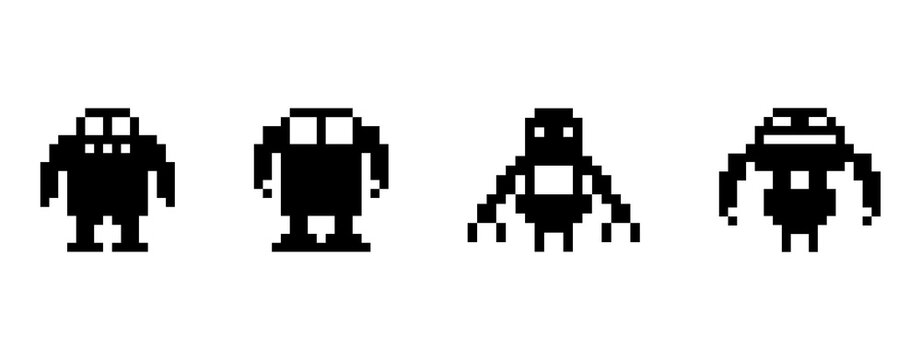 Pixel art robot characters walking and running in a row
