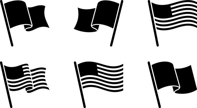 Flag icon set featuring blank waving flag silhouettes with pole, black flag shapes collection isolated on white background for banners, maps and design templates