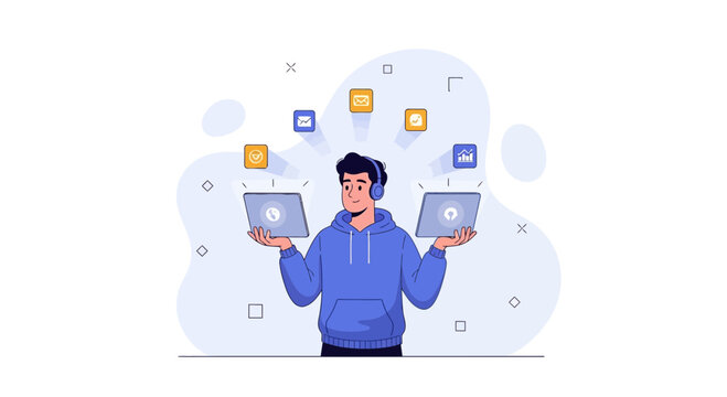 Person juggling technology, multitasking with laptops and digital icons, representing productivity and digital life.