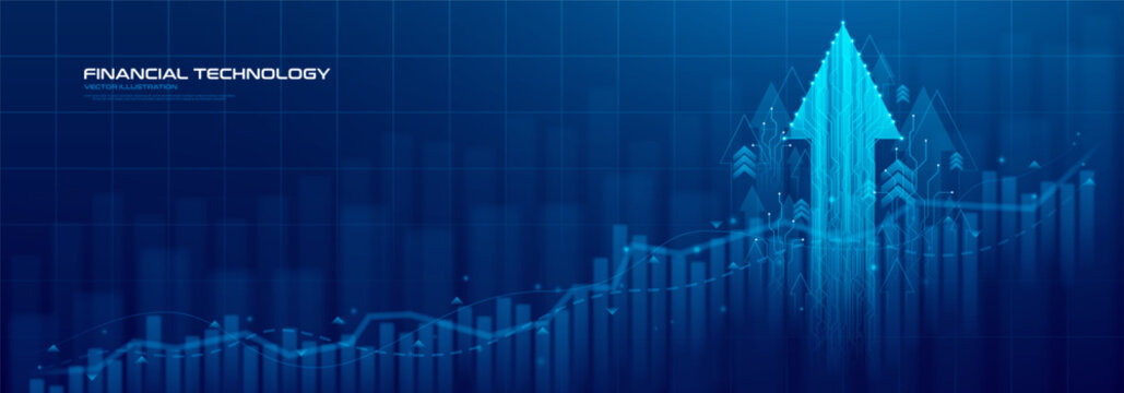 Business or Financial Success Concept. Vector illustration with rising glowing blue arrows on background of charts and graphs. Business growth, tech breakthrough, market expansion, trade increase.