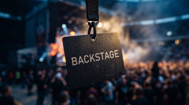 Backstage pass hanging in front of a blurred concert stage with a large crowd of people in a stadium