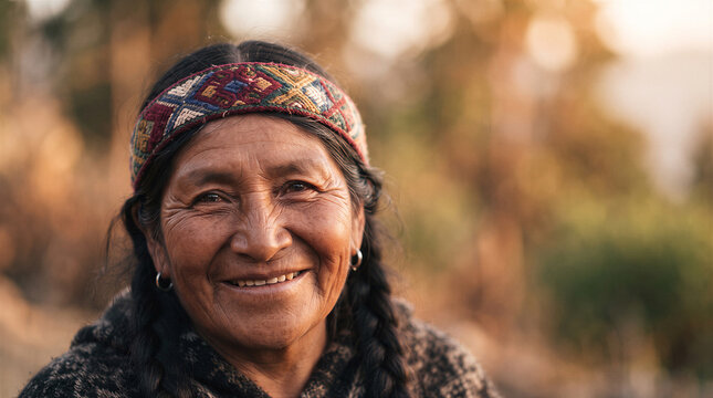 Portrait of an elderly indigenous woman with a traditional woven headband and braided hair, smiling warmly in a natural outdoor setting